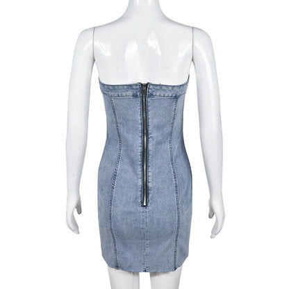 Fashion Backless Tube Denim Dress Summer Sexy Y2K Slim Short Dresses For Women Clothing - Urban Trend Fashion