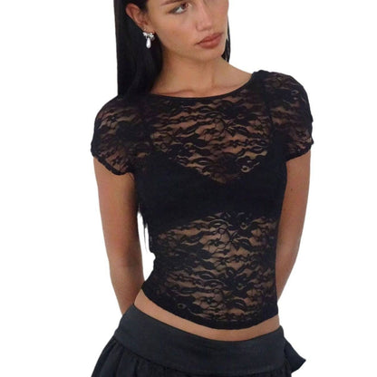 New Lace Round Neck Slim-fit Tops Women - Urban Trend Fashion