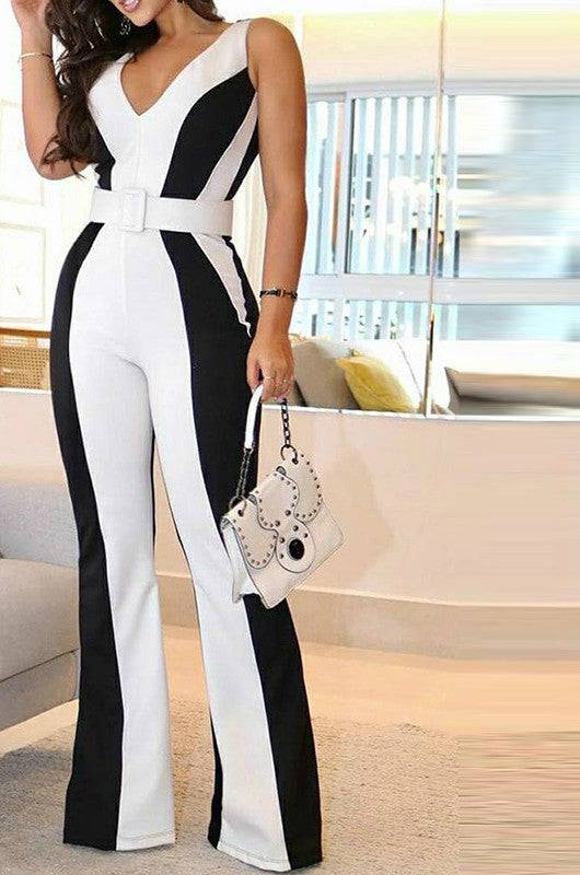 Sexy Jumpsuit Black And White Contrast Color Slim Fit Jumpsuit Women Without Belt - Urban Trend Fashion