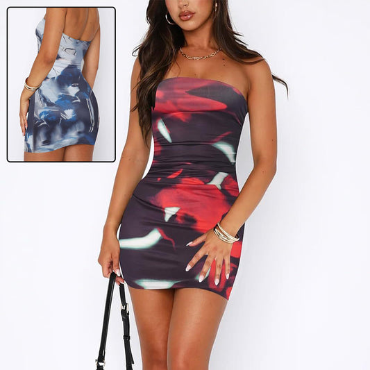 Tube Top Printed Pleated Pullover Hip Wrap Short Dress - Urban Trend Fashion