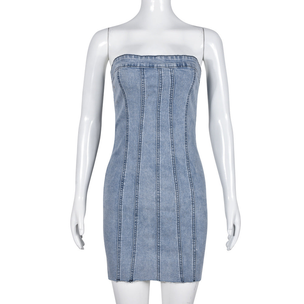 Fashion Backless Tube Denim Dress Summer Sexy Y2K Slim Short Dresses For Women Clothing - Urban Trend Fashion